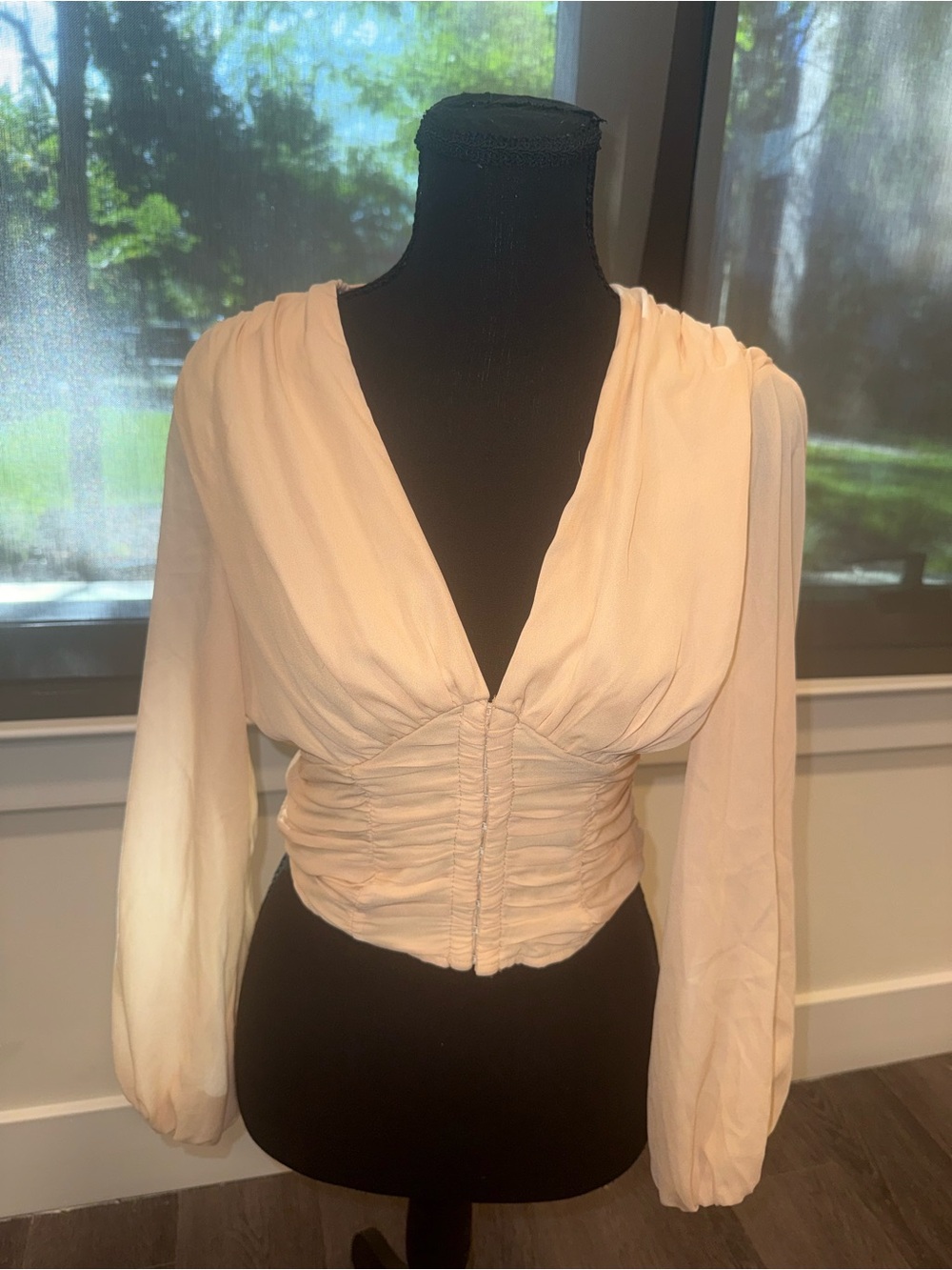 Fashion Nova Cream V-Neck Ruched Waist Long Sleeve Blouse